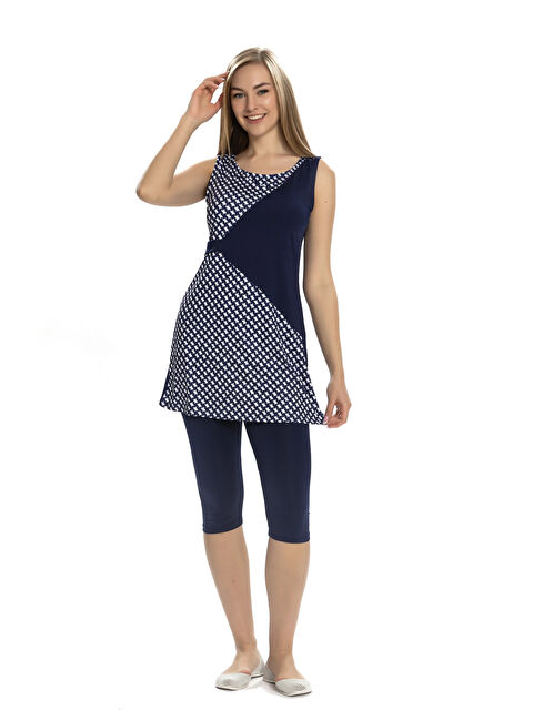 Hazelin Kadın Lacivert Kolsuz Kazayağı Desenli Yarı Kapalı Taytlı Mayo HZL25S-155/02 - S000357475-21164