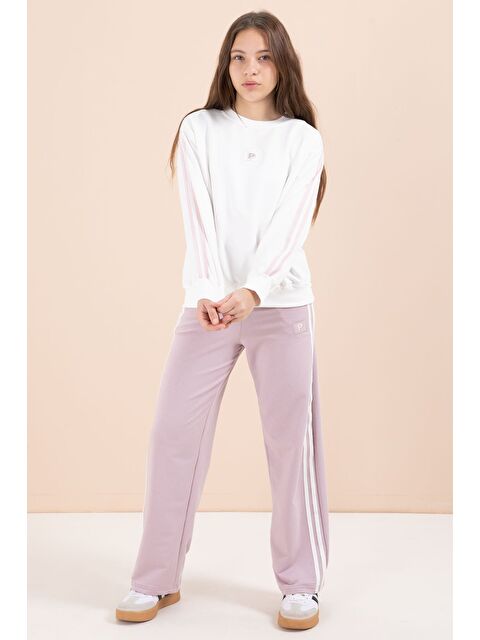 Cansın Mini Gül Kurusu Şerit Detaylı Geniş Paça Nakışlı Kız Oversize Eşofman Takımı 23458 - S000487224-20028