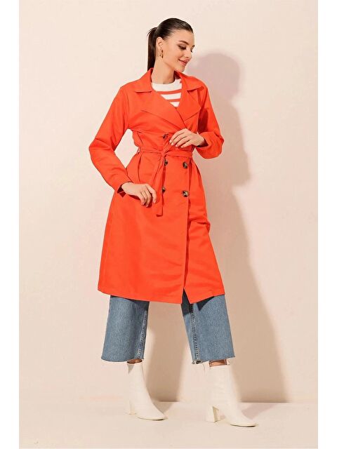 Hazelin Kadın Oranj Kruvaze Yaka Kemerli Astarsız Mevsimlik Rahat Trençkot Hzl22s-bd158531 - S000045017-20013