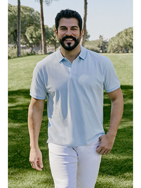 AC&Co / Altınyıldız Classics Erkek Açık Mavi Slim Fit Dar Kesim Kıvrılmaz Polo Yaka Kısa Kollu Tişört