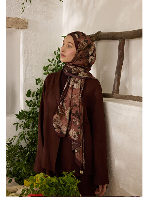 Fresh Scarfs Magnolıa Desen Rami Şal Sıcak Kahve - S000420265-19413