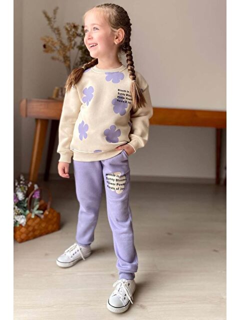 Riccotarz Kız Çocuk Pano Çiçek Baskı Bisiklet Yaka Kazak Lila Eşofman Takım - S000302843-17878