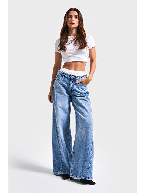 It's Basic Kadın Mavi Jean Rengi 4S5-4 Boxer Detaylı Palazzo Fit %100 Pamuk Denim Jean - S000347598-17234