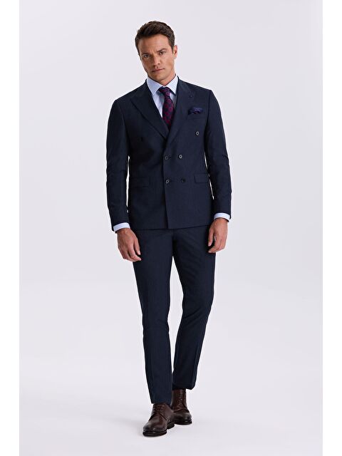 JAKAMEN Lacivert Slim Fit Kırlangıç Yaka Çift Yırtmaç Yünlü Kruvaze Takım Elbise - S000495536-21164