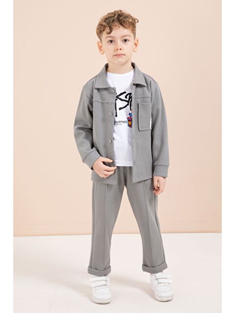 Cansın Mini Gri Arma Detaylı Gömlekli Duble Paça Pantolonlu Erkek Çocuk 3lü Takım 23621 - S000511477-20600