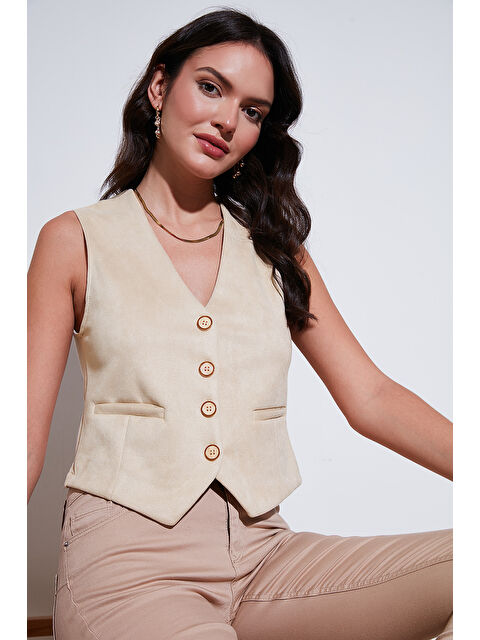 Lela Fitted V Yaka Düğmeli Crop Scuba Süet Kadın Yelek 5865576 - S000111737-25636
