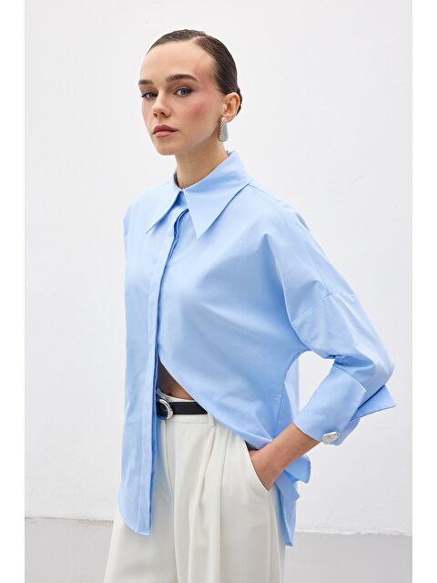 SATEEN Düğme Detaylı Gömlek - Mavi - S000521588-17234