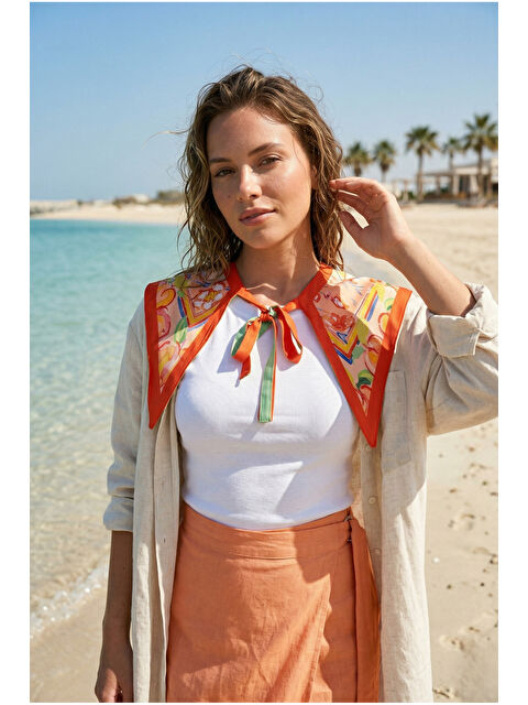 Luminos Butik Kadın Turuncu Bağlamalı Desenli Yaka Omuz Fuları YK003 TURUNCU