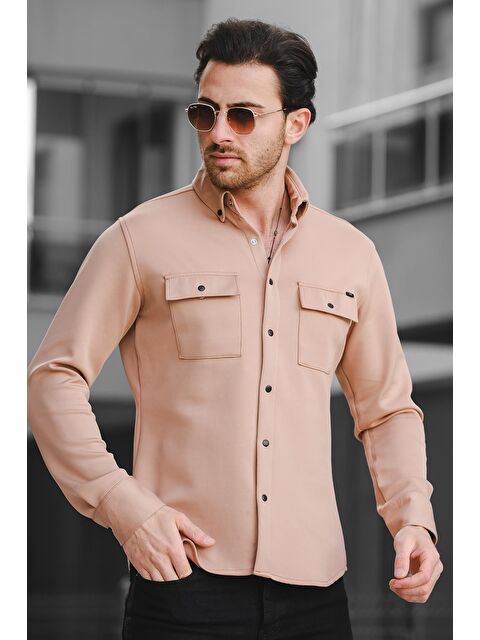 Oksit Yx 16703 Çift Cep Kapaklı Çıt Çıtlı Likralı Scuba Kumaş Erkek Gömlek - S000144341-4557