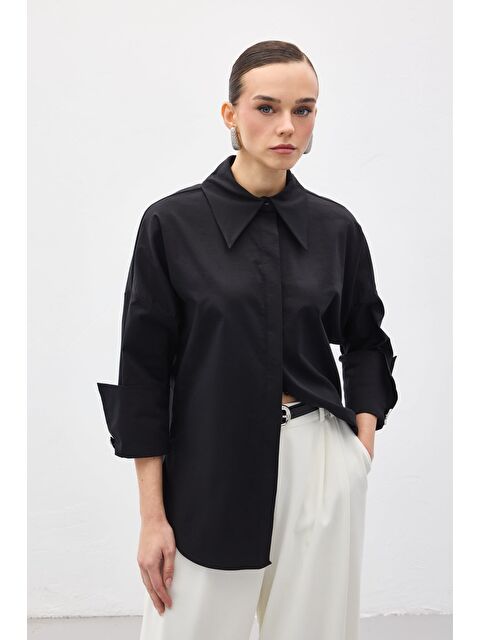 SATEEN Düğme Detaylı Gömlek - Siyah - S000521588-19351