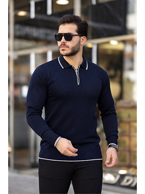 Comstar Fermuar Yaka Çizgi Detaylı Erkek Kazak