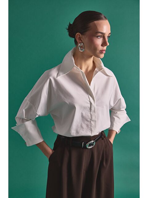 SATEEN Düğme Detaylı Gömlek - Ekru - S000521588-19965
