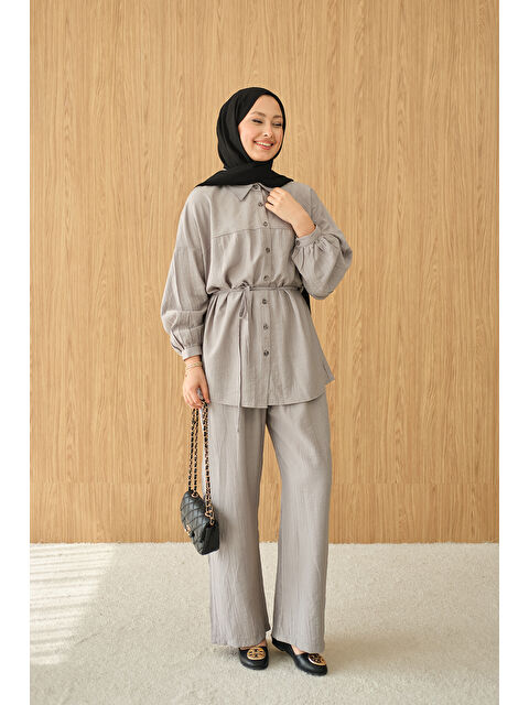 Locco Moda Kadın Kırışık Desen Bel Bağlamalı Gömlek Yaka Takım Gri