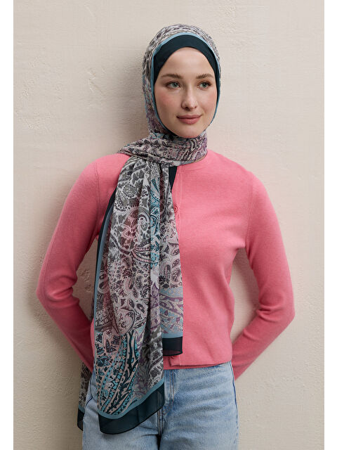 Fresh Scarfs Paısley Patch Desen İpek Krep Şal Petrol - S000420379-20019
