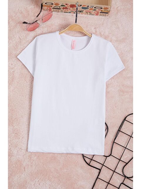 Pembe Life Kids Club Beyaz Bisiklet Yaka Düz Kız Tişört 15571 - S000125827-20063