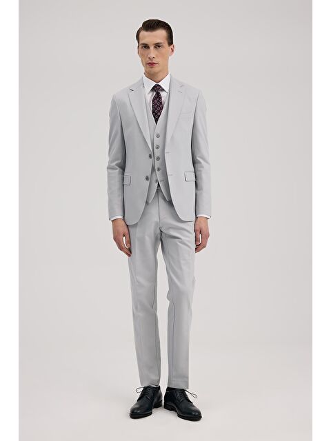 JAKAMEN Gri Slim Fit Mono Yaka Çift Yırtmaçlı Yelekli Takım Elbise - S000495532-20600