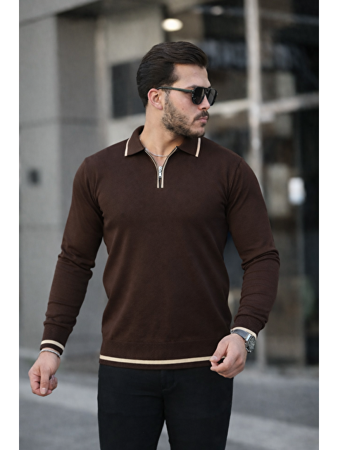 Comstar Fermuar Yaka Çizgi Detaylı Erkek Kazak