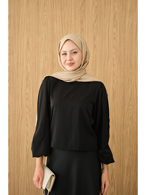 Locco Moda Kadın Dik Yakalı Ve Balon Kol Bluz Siyah