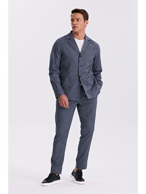 JAKAMEN Lacivert Slim Fit Apaş Yaka Keten Karışımlı Çift Yırtmaçlı Çizgili Takım Elbise - S000495538-21164