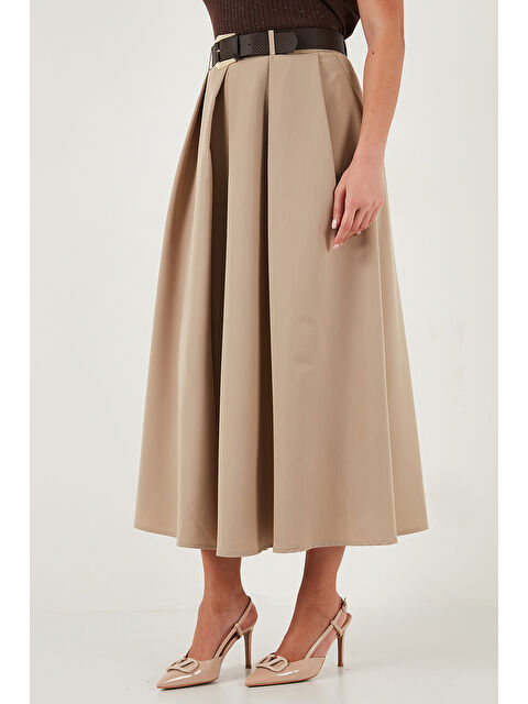 Lela Modest Kemerli Comfort Fit Yüksek Bel Pileli Kloş Uzun Tesettür Etek 6833360 - S000463885-4557