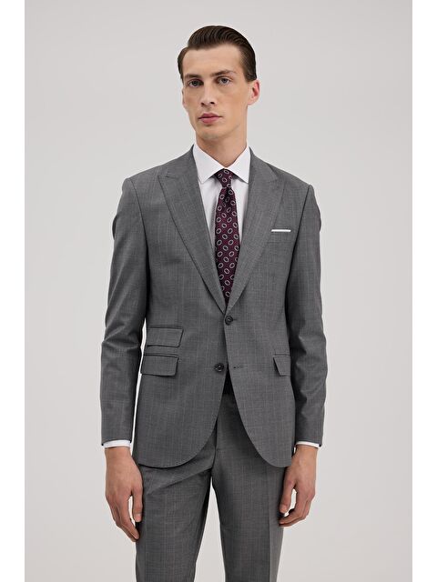 JAKAMEN Gri Yünlü Slim Fit Sivri Yaka Takım Elbise - S000495537-20600
