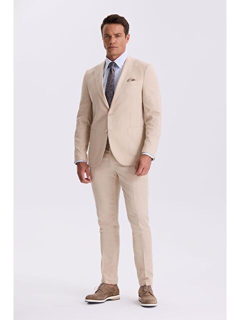 JAKAMEN Bej Slim Fit Mono Yaka Kumaş Çift Yırtmaç Torba Cepli Takım Elbise - S000495524-19928