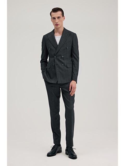 JAKAMEN Lacivert Slim Fit Ekoseli Kruvaze Takım Elbise - S000495539-21164