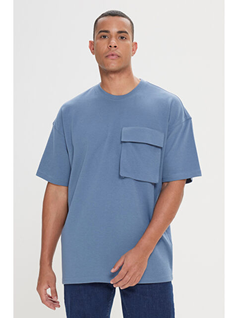 AC&Co / Altınyıldız Classics Erkek İndigo Oversize Fit Bol Kesim Pamuklu Düz Bisiklet Yaka Tişört - S000394543-23093