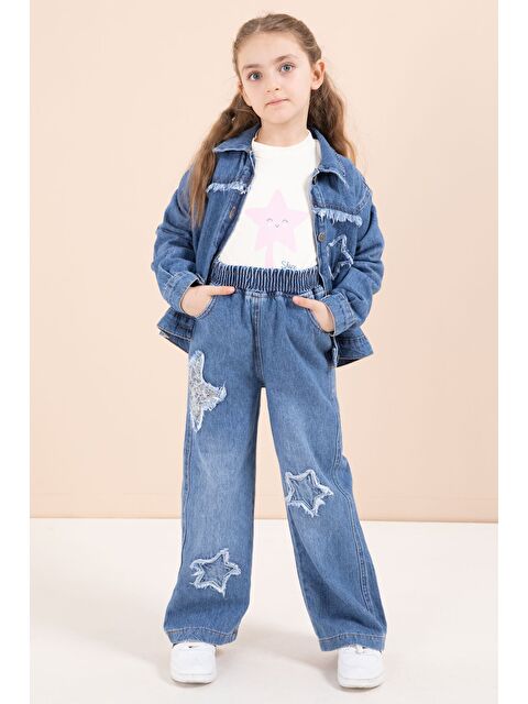 Cansın Mini Lacivert Yıldız Nakışlı Ceketli Kız Çocuk 3lü Jean Takım 23443 - S000487225-21164