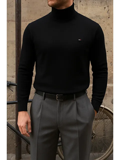 Comstar Erkek Premium Boğazlı Siyah Triko Kazak