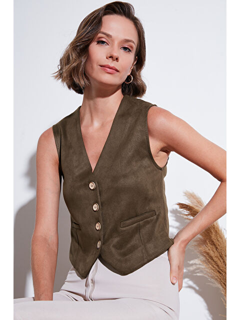 Lela Fitted V Yaka Düğmeli Crop Scuba Süet Kadın Yelek 5865576 - S000111737-18547