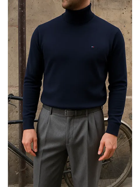 Comstar Erkek Premium Boğazlı Lacivert Triko Kazak