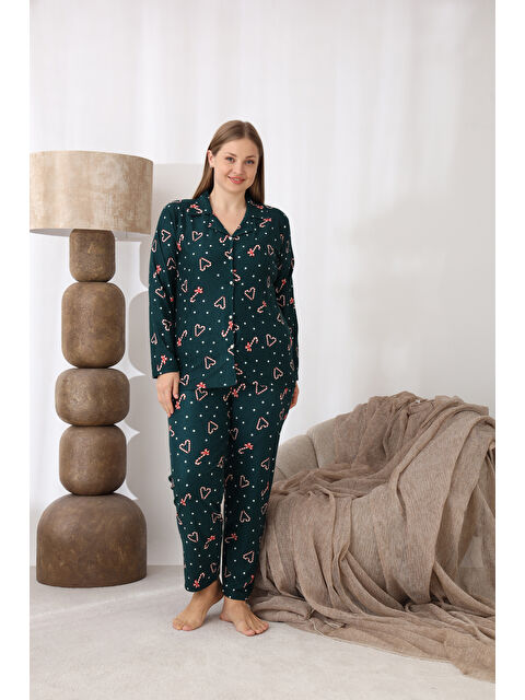 SEBOTEKS Boydan Düğmeli Yılbaşı Temalı Süet Kumaş Büyük Beden Kadın Pijama Takımı 515 - S000489758-18194