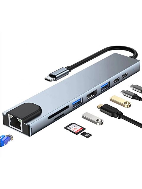 Technow 8 in 1 4K Type C USB 3.0 Hub HDMI RJ45 SDTF Adaptörü - S000287636-157
