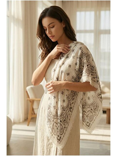 Luminos Butik Kadın Kahve Etnik Desenli Bohem Üçgen Şal Bandana 110x110 cm SAL1400 KAHVERENGI - S000514176-37315