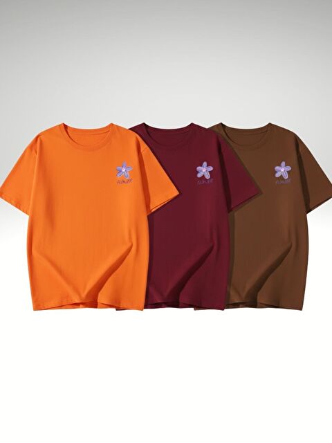 Trendseninle 3lü Turuncu Bordo Kahve Flower Baskılı Oversize Tişört - S000521600-27204