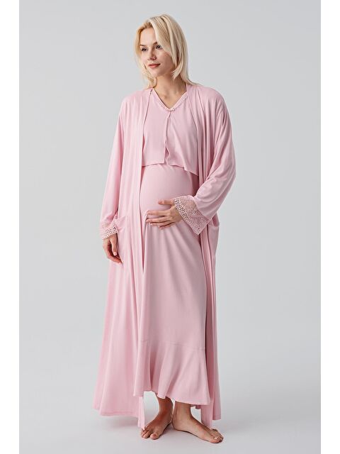 Artış Uzun Kollu Dantelli Emzirme Bölmeli Esnek Viskoz Hamile Sabahlık Gecelik Takım 19401 - S000521601-7152