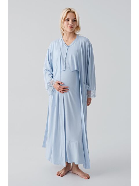 Artış Uzun Kollu Dantelli Emzirme Bölmeli Esnek Viskoz Hamile Sabahlık Gecelik Takım 19401 - S000521601-17234
