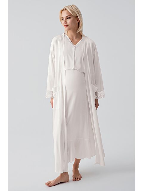Artış Uzun Kollu Dantelli Emzirme Bölmeli Esnek Viskoz Hamile Sabahlık Gecelik Takım 19401 - S000521601-19965