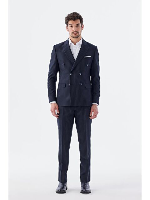 JAKAMEN Lacivert Slim Fit Çizgili Kruvaze Takım Elbise - S000495540-21164