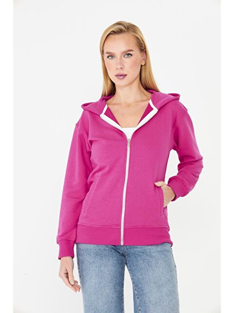 TRENDHILL Kadın Tam Fermuarlı Kapüşonlu Pamuklu Eşofman Üstü Fuşya 9508-F - S000521603-18686