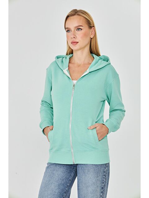 TRENDHILL Kadın Tam Fermuarlı Kapüşonlu Pamuklu Eşofman Üstü Mint 9508-M - S000521603-1180