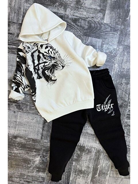 Riccotarz Erkek Çocuk Kaplan Baskılı Kapüşonlu İçi Polarlı 3 İplik Beyaz Eşofman Takım - S000511479-20063