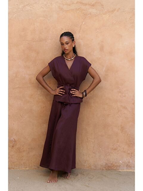 Bohemai Fiametta Salaş Bordo Keten Yelek Etek Takım - S000393911-19951