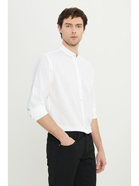AC&Co / Altınyıldız Classics Erkek Beyaz Keten Rahat Kesim Hakim Yaka Flamlı Gömlek - S000512379-20063