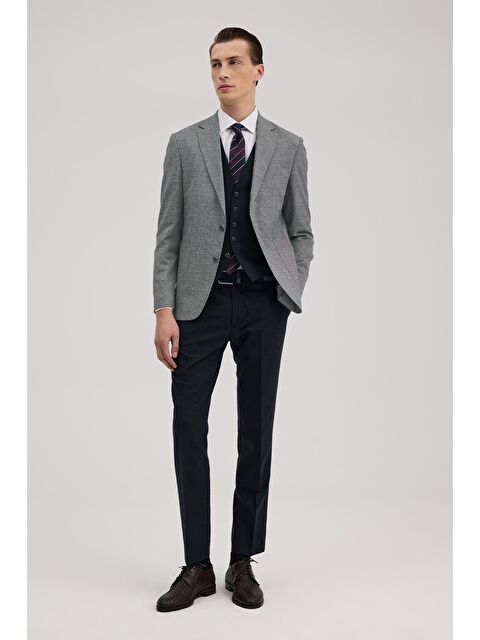 JAKAMEN Lacivert Slim Fit Mono Yaka Yelekli Keten Karışımllı Takım Elbise - S000495542-21164