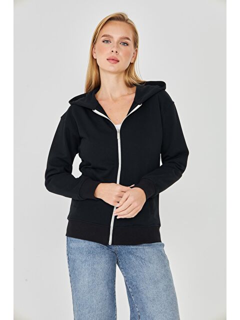 TRENDHILL Kadın Tam Fermuarlı Kapüşonlu Pamuklu Eşofman Üstü Siyah 9508-S - S000521603-19351