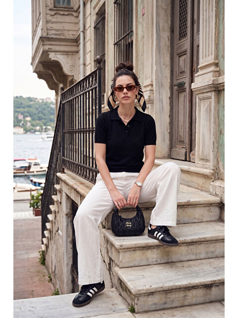 Lela Regular Fit Kısa Kollu Düğmeli Triko Polo Yaka Kadın Kazak 4617056