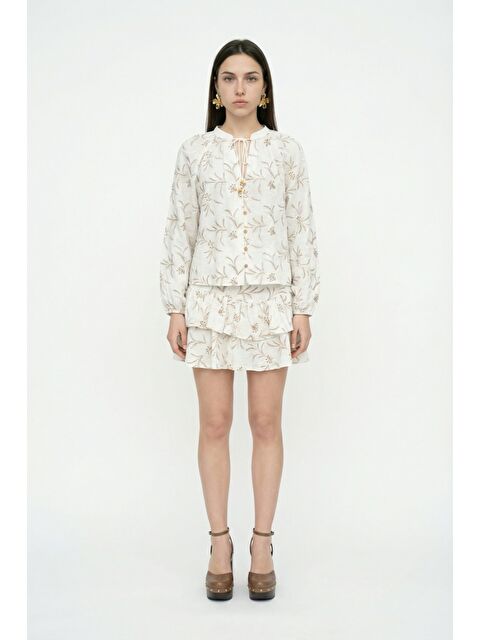 QUZU Çiçek Nakışlı Yaka Bağcıklı Gömlek Ekru - S000515647-19965