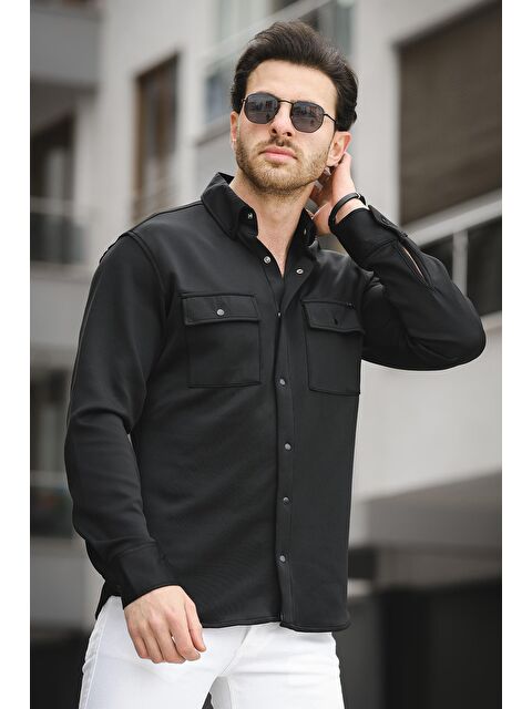 Oksit Yx 16703 Çift Cep Kapaklı Çıt Çıtlı Likralı Scuba Kumaş Erkek Gömlek - S000144341-19351